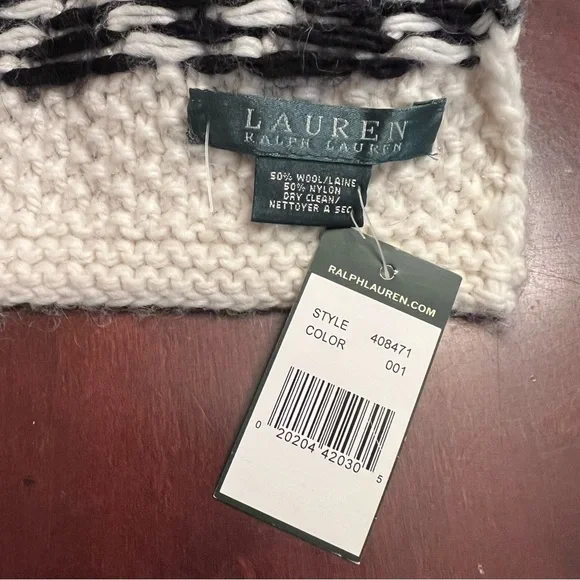 LAUREN RALPH LAUREN Wool Blend Chevron Knit Scarf black & white NWT - Picture 4 of 4